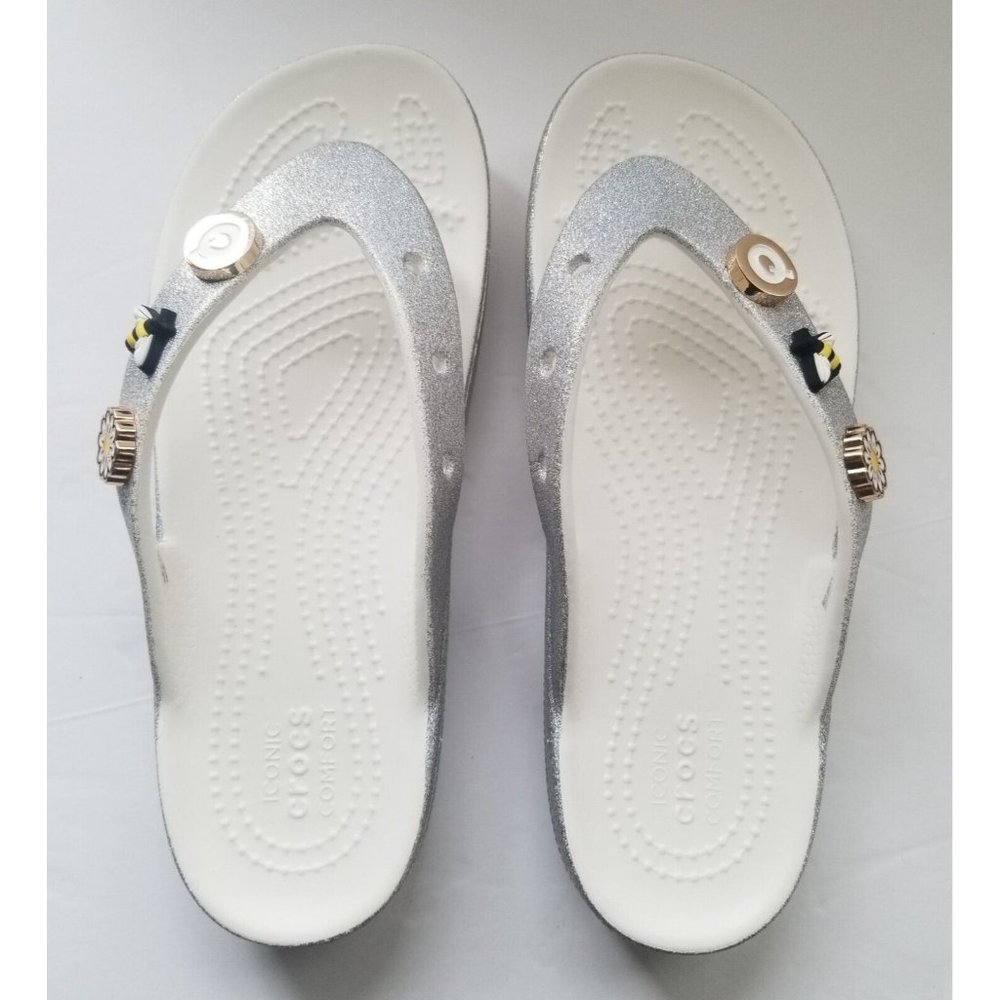 Womens Flip Flop Crocs Silver White Glitter Size 6